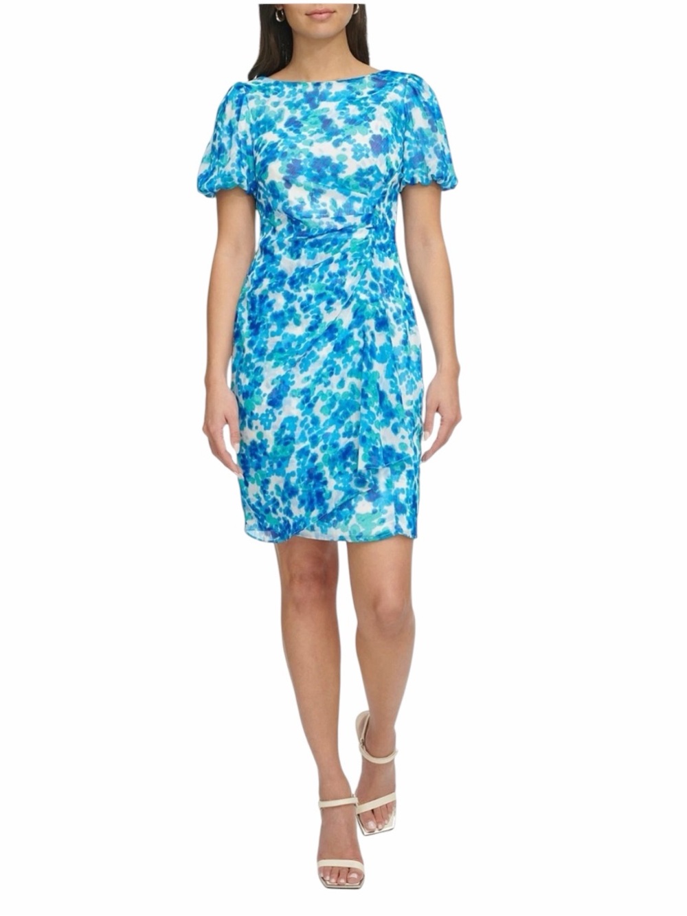 DKNY Dress Womens Size M Blue Green Floral Ruched Sheath Knee Length